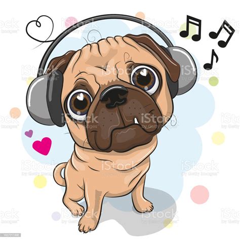 Vetores De Bonito Dos Desenhos Animados Cão Pug Com Fones De Ouvido E