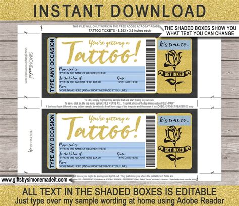 tattoo voucher certificate ticket gift card printable template etsy