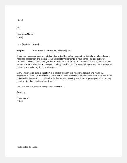 employee bad attitude warning letter  letter template collection