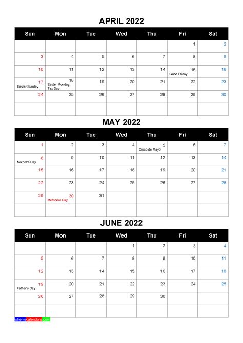 calendar april  june   holidays  quarters