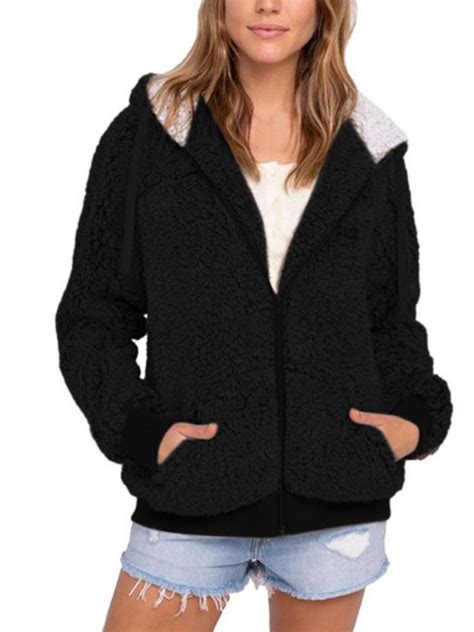 lallc womens teddy bear zip  hooded coat winter warm loose faux