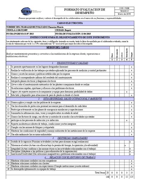 F 008 Formato Evaluación De Desempeño Mei Calidad Comercial