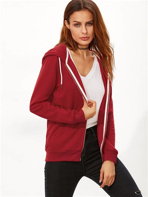 red zip  hoodie  pocket sheinsheinside