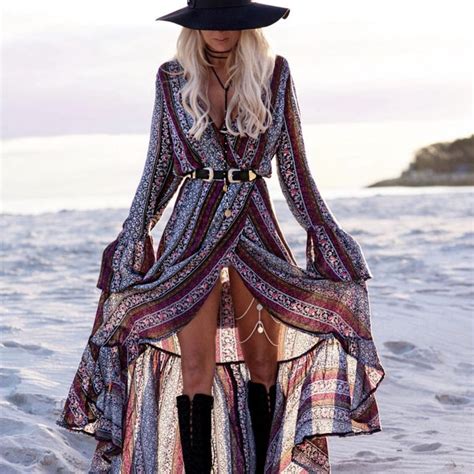 Bandage Maxi Bohemian Dress Summer Long Sleeve V Neck Split Sexy Hippie