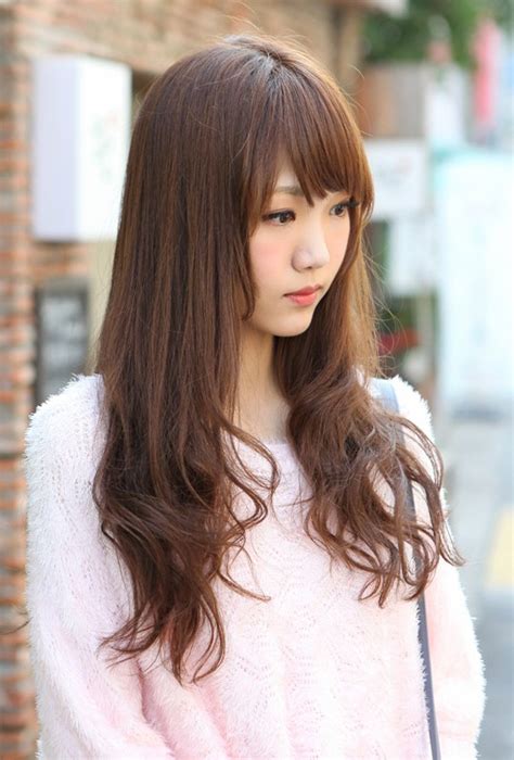 cute korean hair style for girl s long brown hair with bangs purple softly area