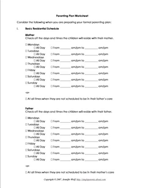 printable forms  single parents parenting plan worksheet