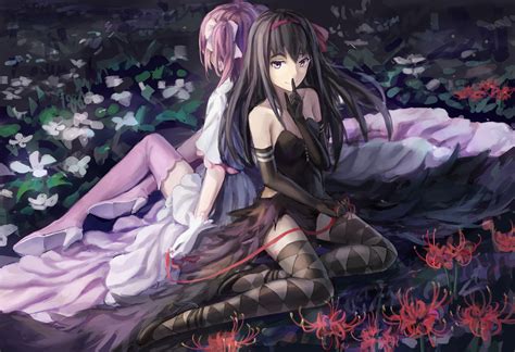 2girls akemi homura akuma homura black hair dress elbow