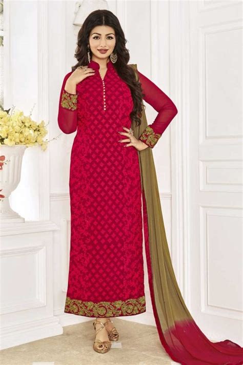 exclusive bollywood actress ayesha takia red georgette churidar suit