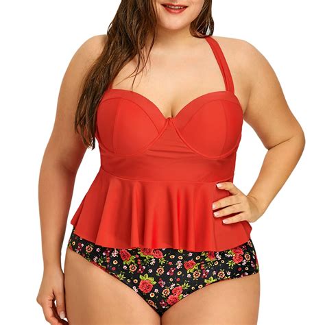 New Plus Size Swimwear Floral Peplum Tankini Sexy Swimsuit