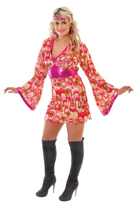 ladies flower power fancy dress costume  hippy pink womens party uk