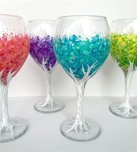 Blossoming Tree Wineglass Set Of 4 Hand Painted 20oz Glasses Wine