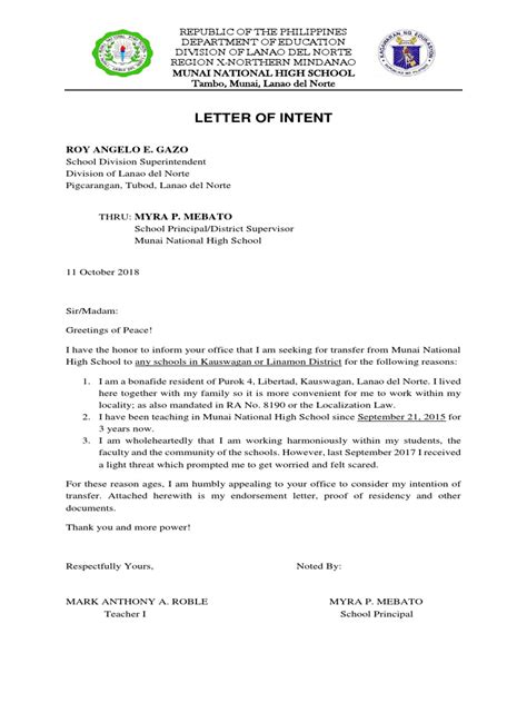 intent letter  transfer mark