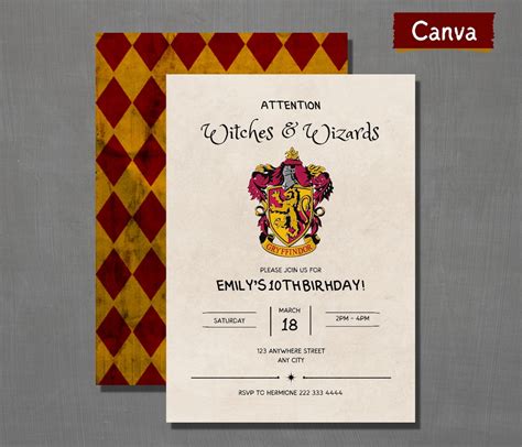editable harry potter gryffindor party invitation printable wizard