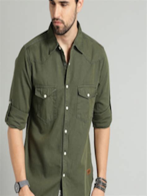 buy roadster men olive green regular fit solid sustainable casual shirt shirts  men