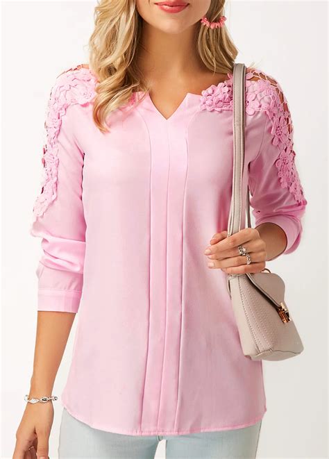 summer lace chiffon blouse women long sleeve  neck casual shirt tops elegant office ladies