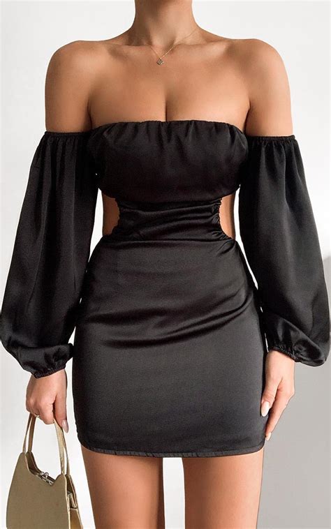 caitlyn cut out side mini dress in black satin showpo