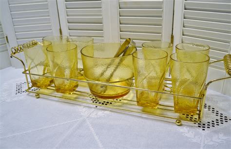 Vintage Amber Glass Set Of 8 With Carrier Ice Bucket Tongs Etsy