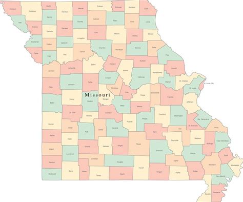 multi color missouri map  counties  county names