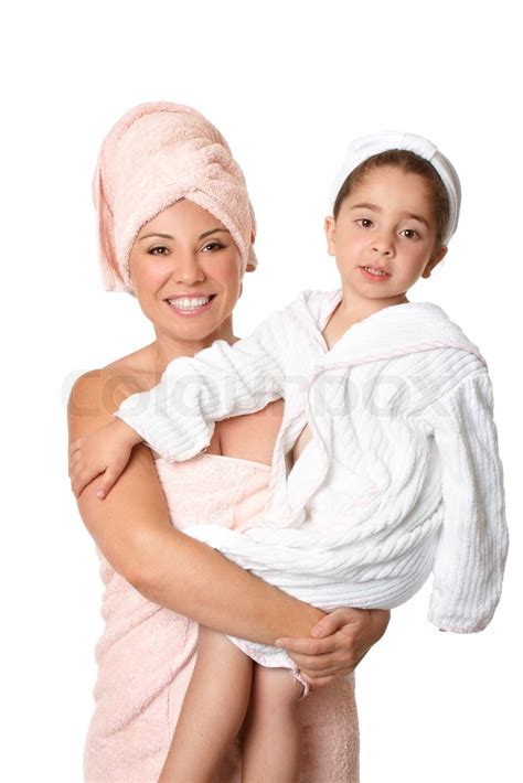 Attractive Happy Mother Holding Beautiful Daughter After Shower Or Bath