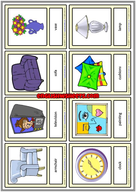 living room objects esl vocabulary learning cards  kids