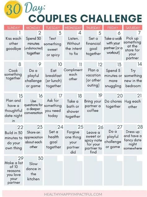 The 30 Day Couples Challenge Is Shown In This Printable Calendar Which