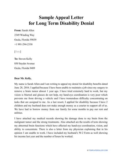 sample appeal letter  long term disability denial  printable