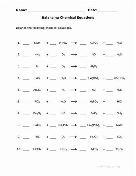 balancing chemical equations practice worksheet  answers grade