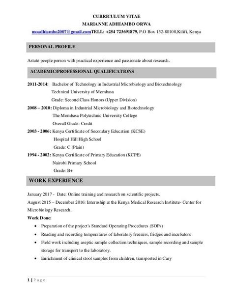 curriculum vitae cv format  kenya template