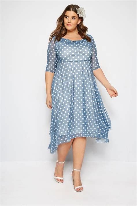 plus size yours london blue polka dot midi dress with cowl