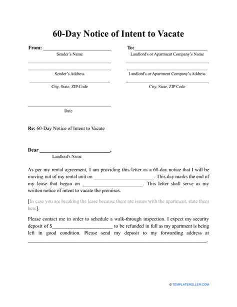 printable tenant  day notice  vacate template
