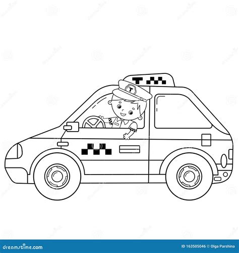 coloring page outline  cartoon taxi driver  car profession