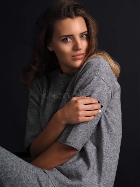 Model Cute Female Brunette Posing Isolated At Black Stock Image Image