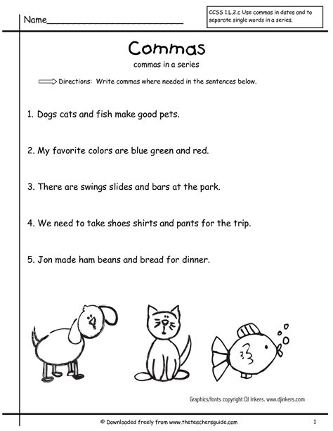 grammar worksheets commas   series  grade  comma