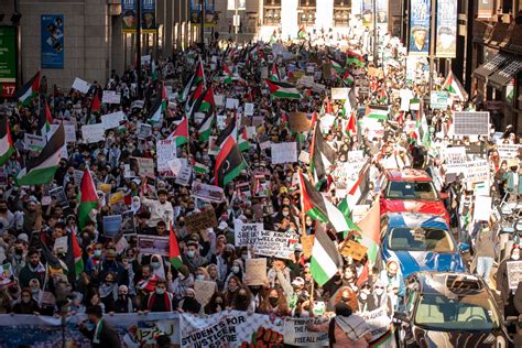 huge crowd marches  downtown chicago  support  palestine
