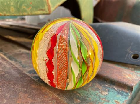 Vintage Latticino Ribbon Art Glass Paperweight Orb Spring Colors