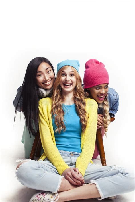 Diverse Nation Girls Group Teenage Friends Company Cheerful Having Fun