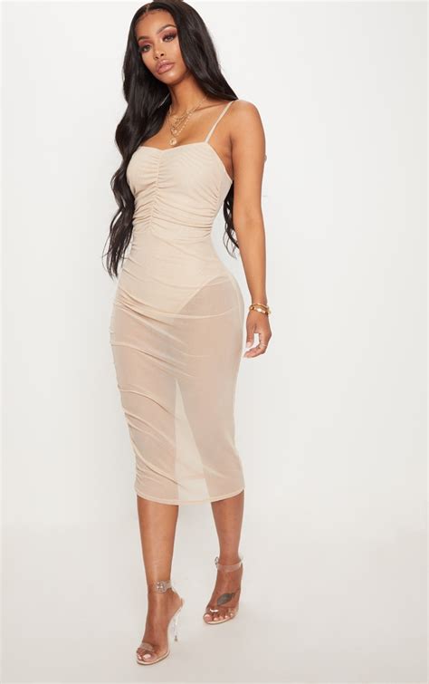 Shape Nude Mesh Ruched Strappy Midi Dress Prettylittlething