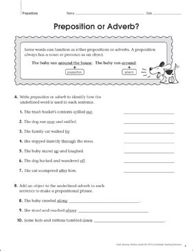 preposition  adverb grammar practice page printable skills sheets