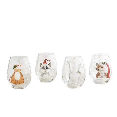 holiday cats stemless wine glass set pier1