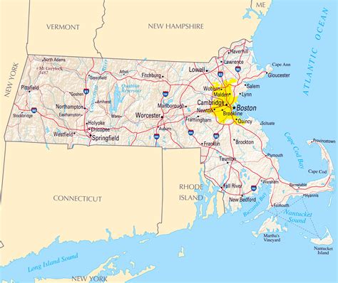 large map  massachusetts state  roads highways relief  major