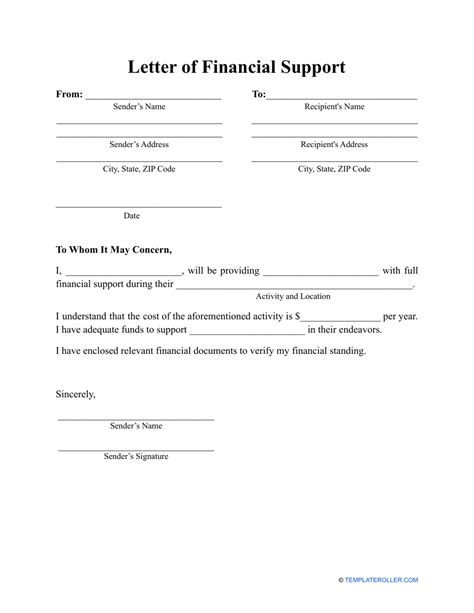 letter  financial support template  printable