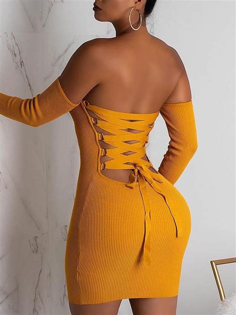 Off Shoulder Lace Up Back Bodycon Dress Chicme Womens Fashion Chicme