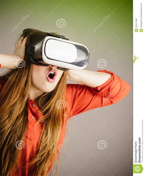 girl wearing virtual reality goggles stock image image