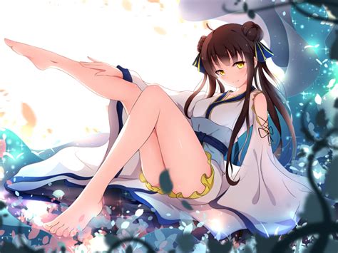 Wallpaper Anime Girl Long Legs Smirk Sitting Leaves