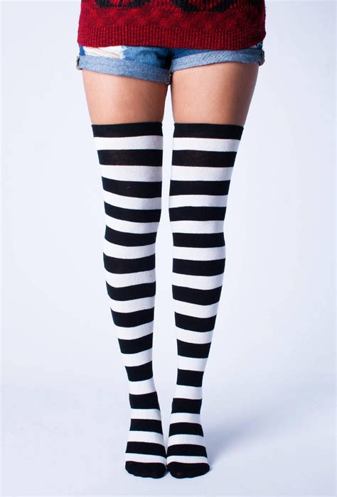 Black White Striped Thigh High Socks Etsy White Thigh High Socks
