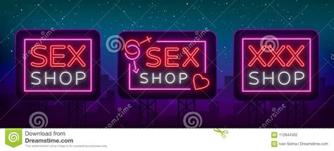 sex shop set of logos in neon style collection of emblems neon effect