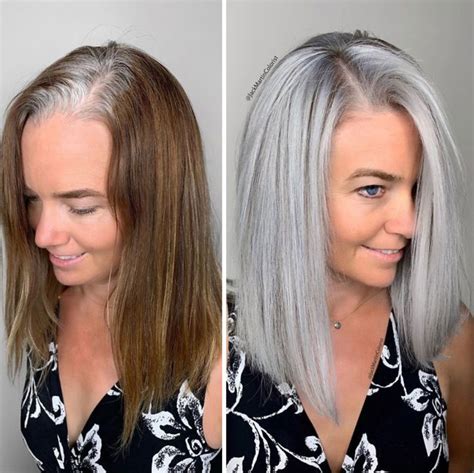 women  embraced  grey roots   stunning grey hair