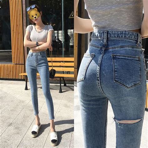 2021 women ripped jeans casual slim fit stretch high wasit