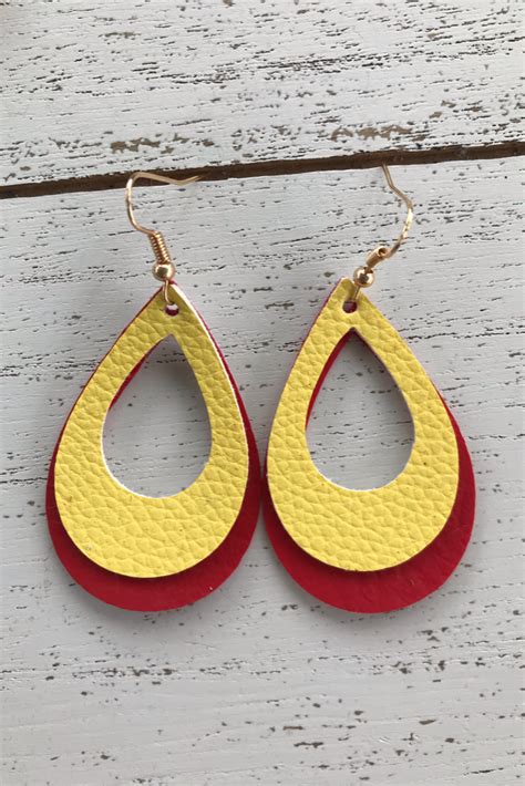 layered leather earrings cutout teardrop earrings red  yellow