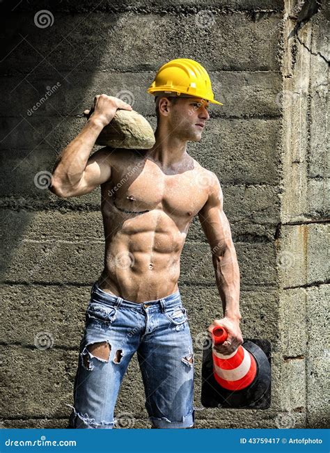 handsome muscular young construction worker shirtless stock image cartoondealercom